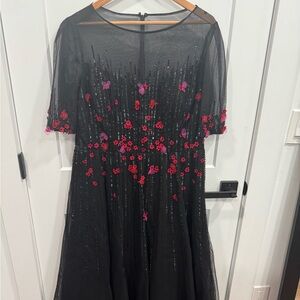 Teri Jon Black Midi Dress with Red and Pink Floral Accents